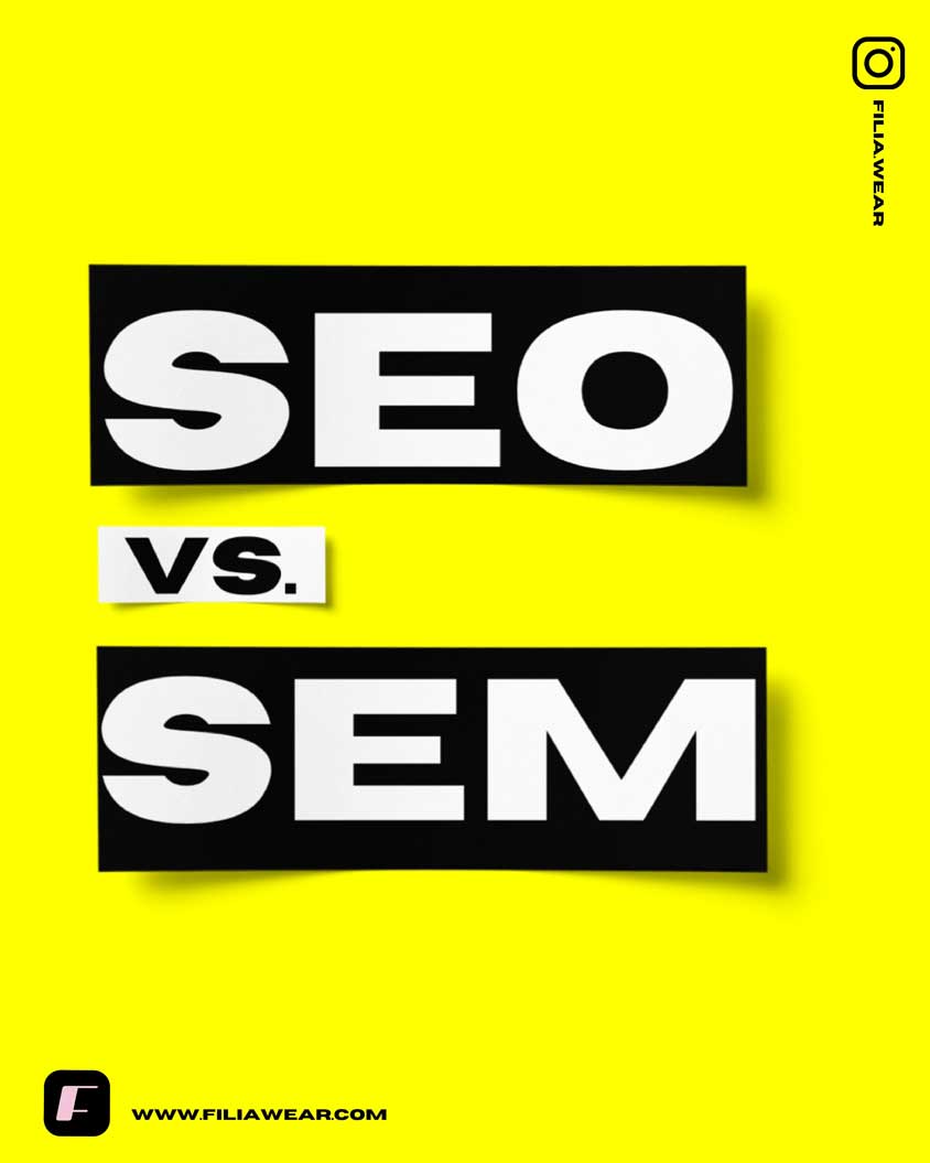 SEO vs SEM black and white stickers, on a yellow backhground