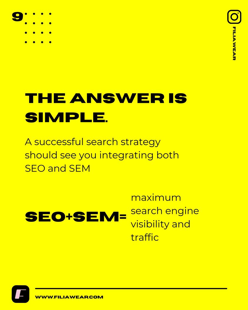 Yellow Background-text overlay- The Answer is simple. A successful search strategy should see you integrating both SEO and SEM. SEO+SEM=maximum search engine visibility and traffic