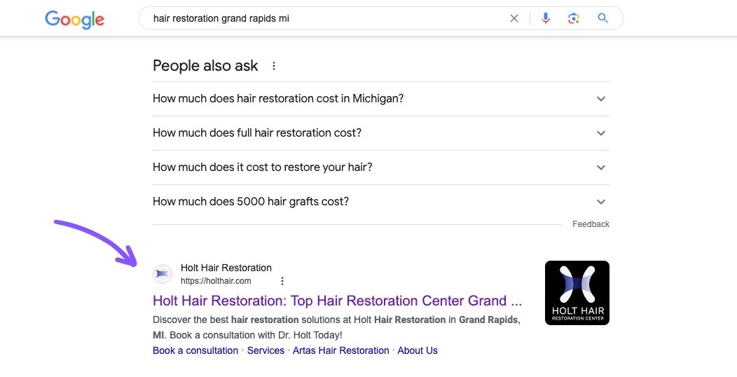 SEO results ranking (ranked 1 for hair restoration grand rapids